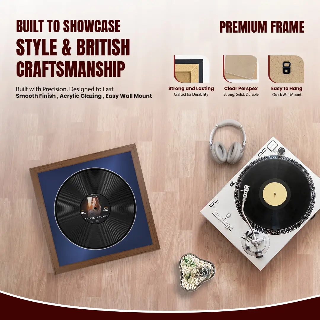 16x16" Modern Walnut Vinyl Record Frame With Blue Mount For 12" LP Discs | Contemporary Wall Display thumbnail 2
