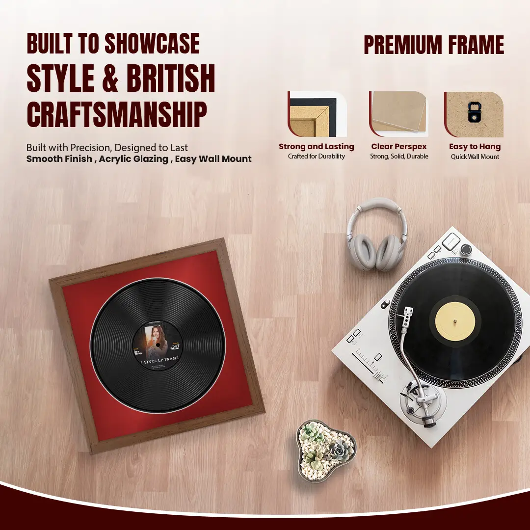 16x16" Modern Walnut Vinyl Record Frame With Crimson Mount For 12" LP Discs | Premium Wall Frame For Music Enthusiasts thumbnail 2