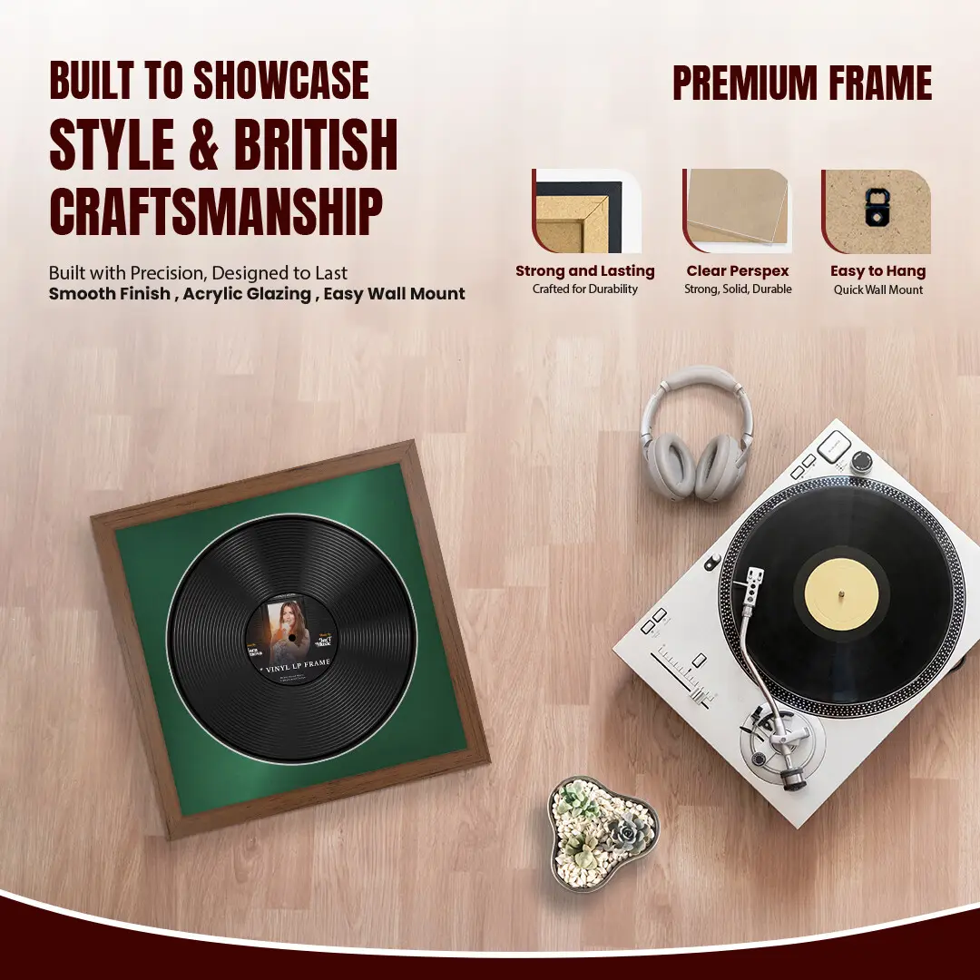 16x16" Modern Walnut Vinyl Record Frame With Black Mount For 12" LP Discs | Premium Wall Frame For Music Enthusiasts thumbnail 2