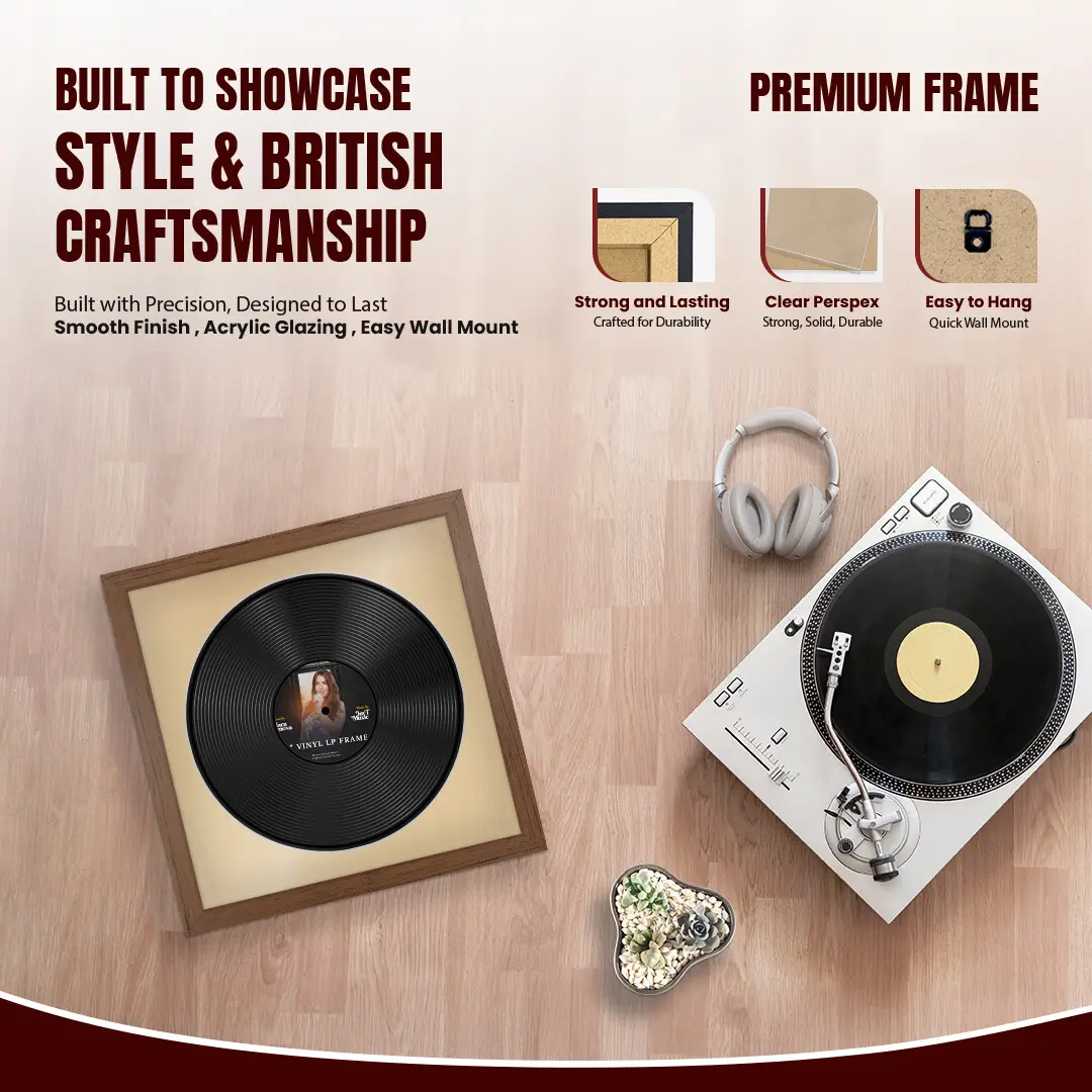 16x16" Modern Walnut Vinyl Record Frame With Ivory Mount For 12" LP Discs | Contemporary Wall Display thumbnail 2