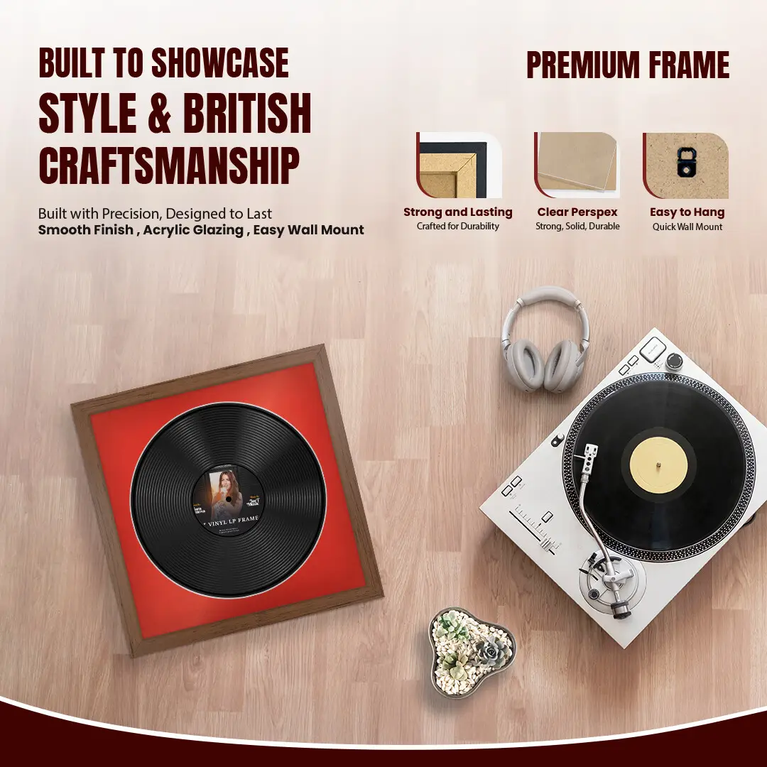 16x16" Modern Walnut Vinyl Record Frame With Poppy Red Mount For 12" LP Discs | Premium Wall Frame For Music Enthusiasts thumbnail 2