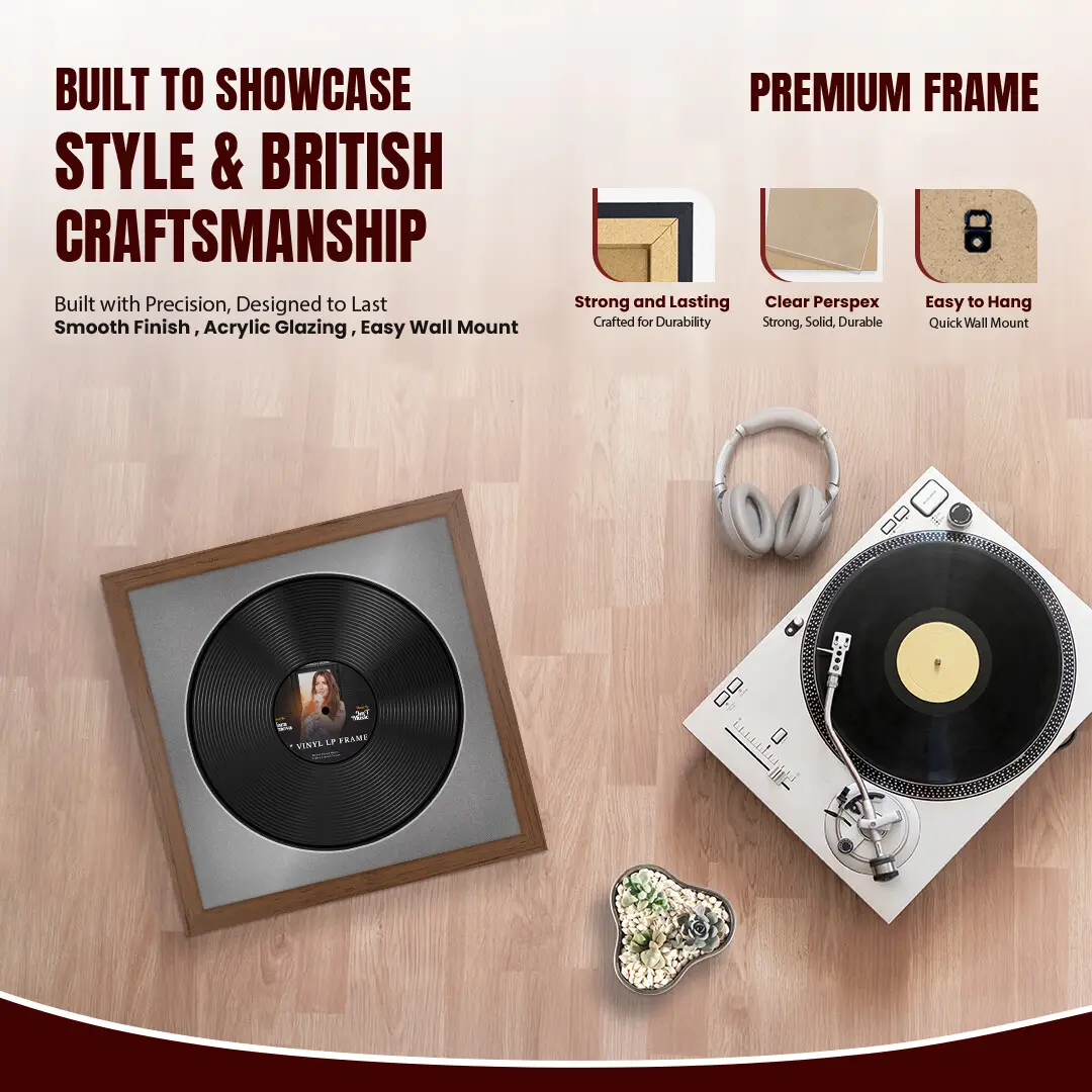 16x16" Modern Walnut Vinyl Record Frame With Silver Mount For 12" LP Discs | Elegant Frame For Music Lovers thumbnail 2