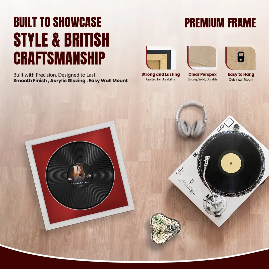 16x16" Modern Ash White Vinyl Record Frame With Crimson Mount For 12" LP Discs | Elegant Frame For Music Lovers thumbnail 2