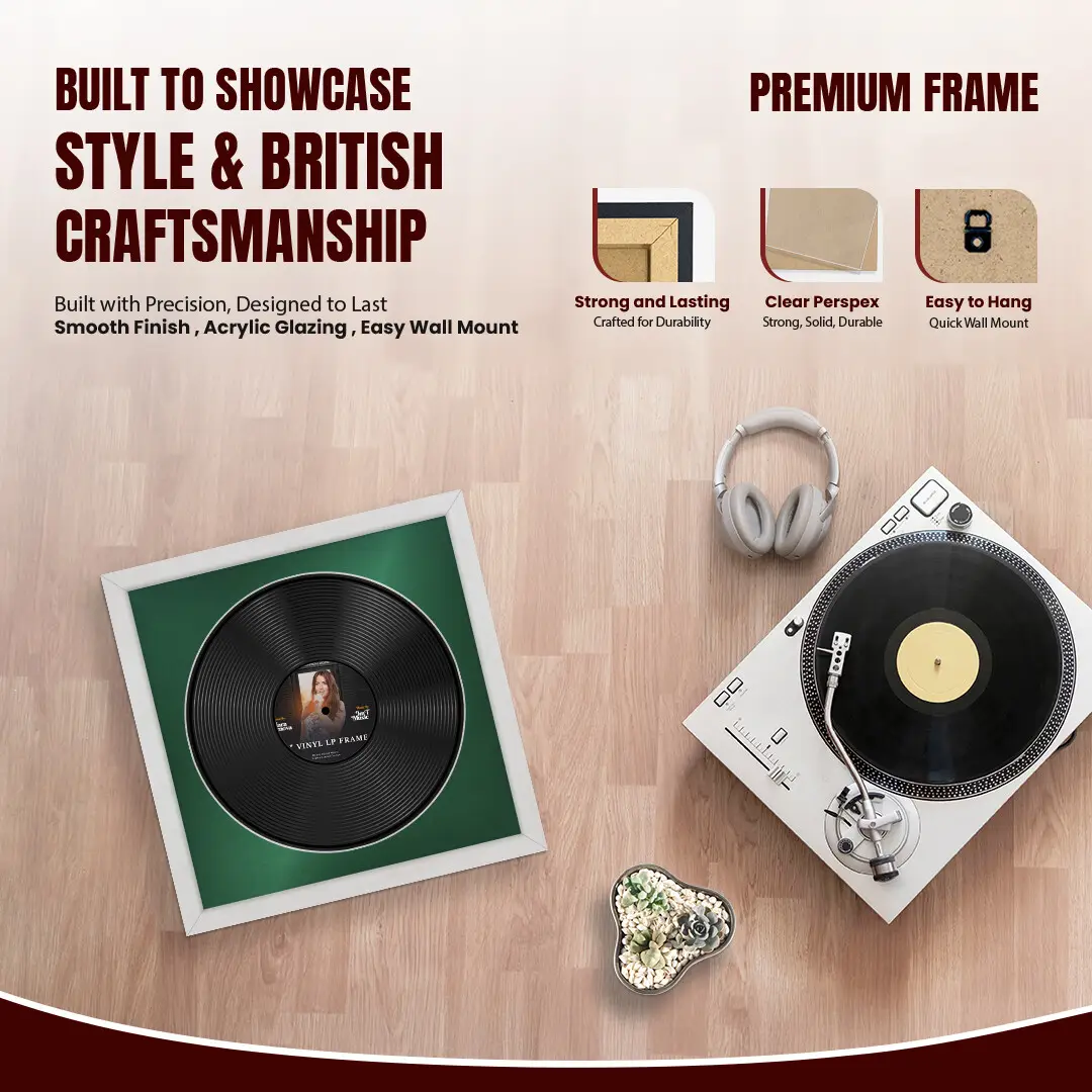 16x16" Modern Ash White Vinyl Record Frame With Emerald (Green) Mount For 12" LP Discs | Elegant Frame For Music Lovers thumbnail 2