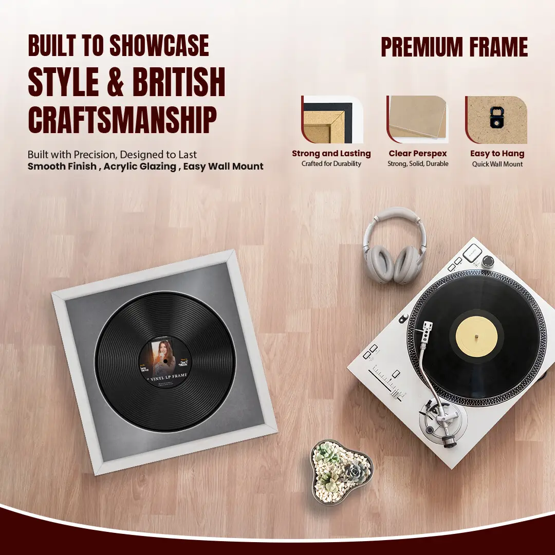 16x16" Modern Ash White Vinyl Record Frame With Mid Grey Mount For 12" LP Discs | Elegant Frame For Music Lovers thumbnail 2