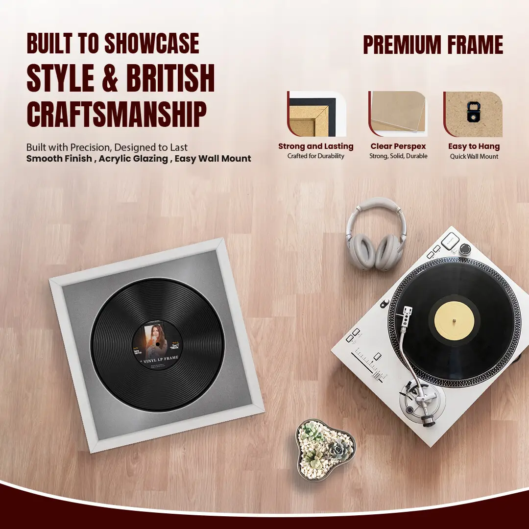 16x16" Modern Ash White Vinyl Record Frame With Silver Mount For 12" LP Discs | Elegant Frame For Music Lovers thumbnail 2