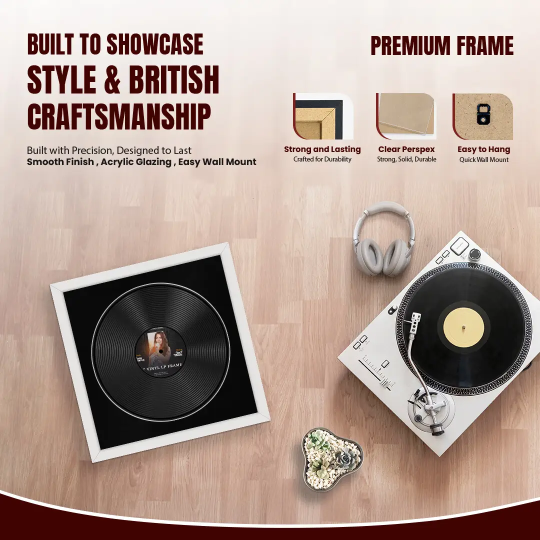 16x16" Modern White Vinyl Record Frame With Black Mount For 12" LP Discs | Elegant Frame For Music Lovers thumbnail 2