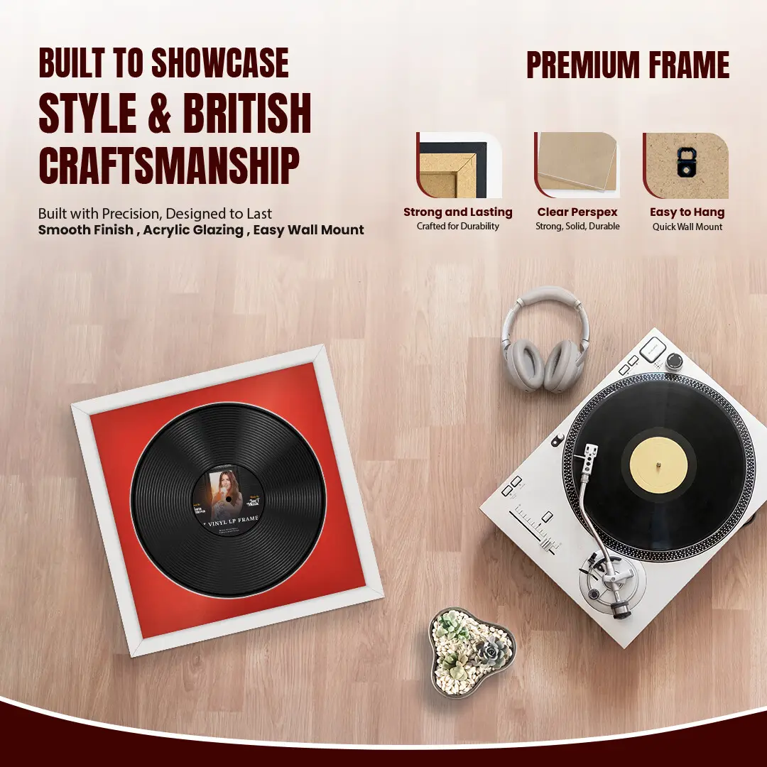 16x16" Modern White Vinyl Record Frame With Poppy Red Mount For 12" LP Discs | Contemporary Wall Display thumbnail 2