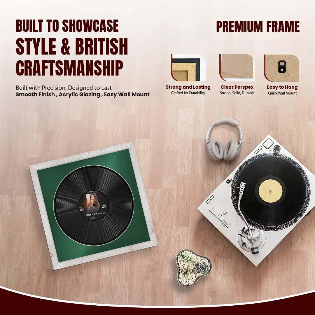 16x16" Modern White Rustic Vinyl Record Frame With Emerald (Green) Mount For 12" LP Discs | Elegant Frame For Music Lovers thumbnail 2