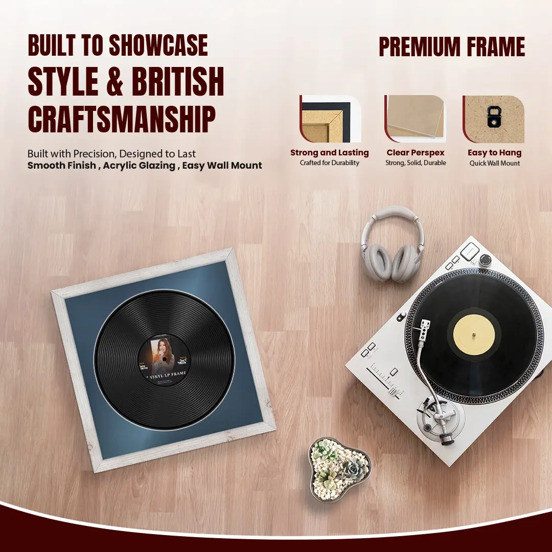 16x16" Modern White Rustic Vinyl Record Frame With Pompador Mount For 12" LP Discs | Contemporary Wall Display thumbnail 2