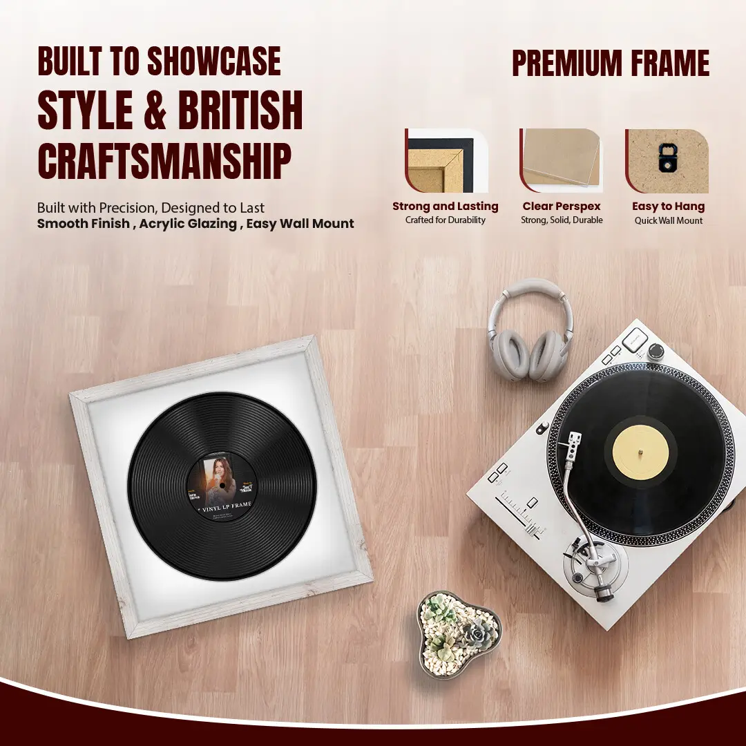 16x16" Modern White Rustic Vinyl Record Frame With Ice White Mount For 12" LP Discs | Elegant Frame For Music Lovers thumbnail 2