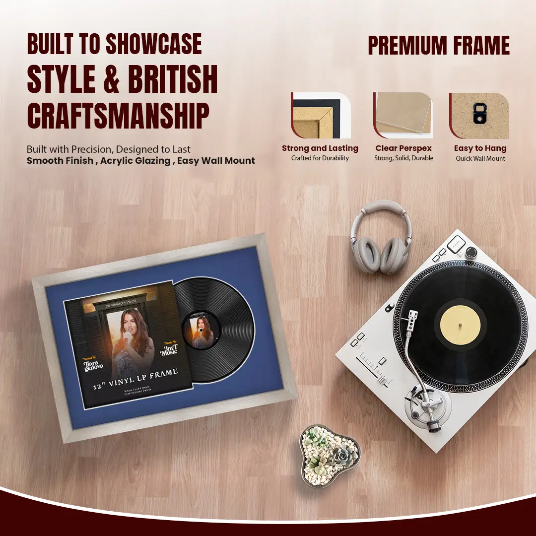 25x17" Modern Aluminium Vinyl Record Frame For 12 Inch LP Cover & Disc With Blue Mount | Overlapped Vinyl Display thumbnail 2