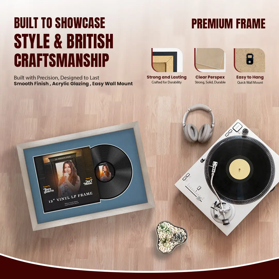 25x17" Modern Aluminium Vinyl Record Frame For 12 Inch LP Cover & Disc With Pompador Mount | Overlapped Vinyl Display thumbnail 2