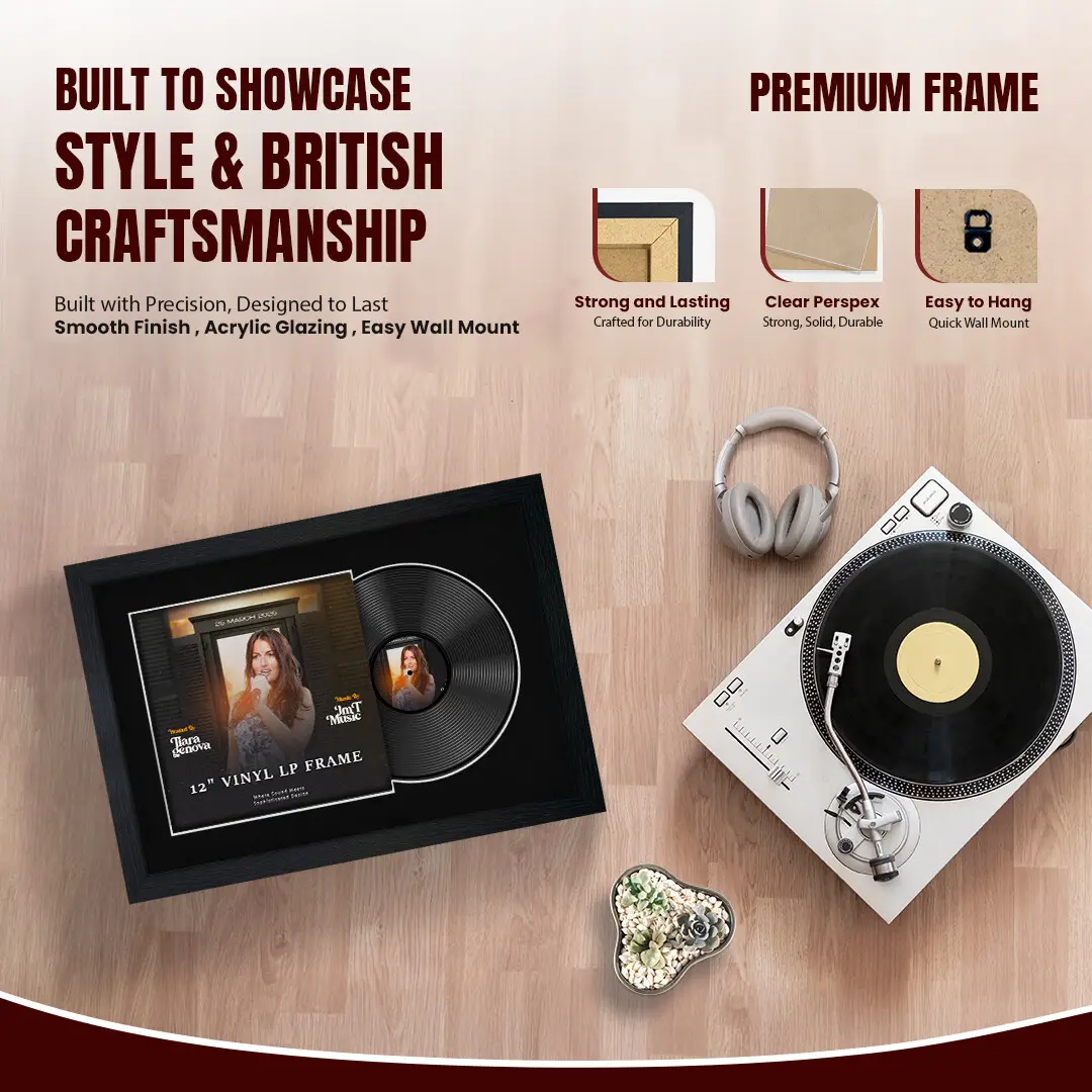 25x17" Modern Black Vinyl Record Frame For LP Cover & Disc With Black Mount | Overlapped Display thumbnail 2
