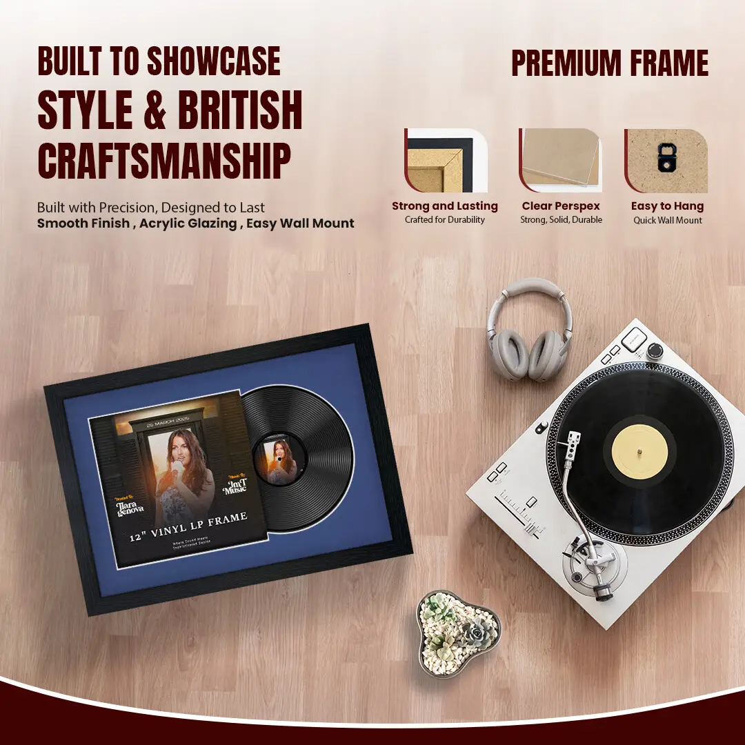 25x17" Modern Black Vinyl Record Frame For 12 Inch LP Cover & Disc With Blue Mount | Overlapped Vinyl Display thumbnail 2