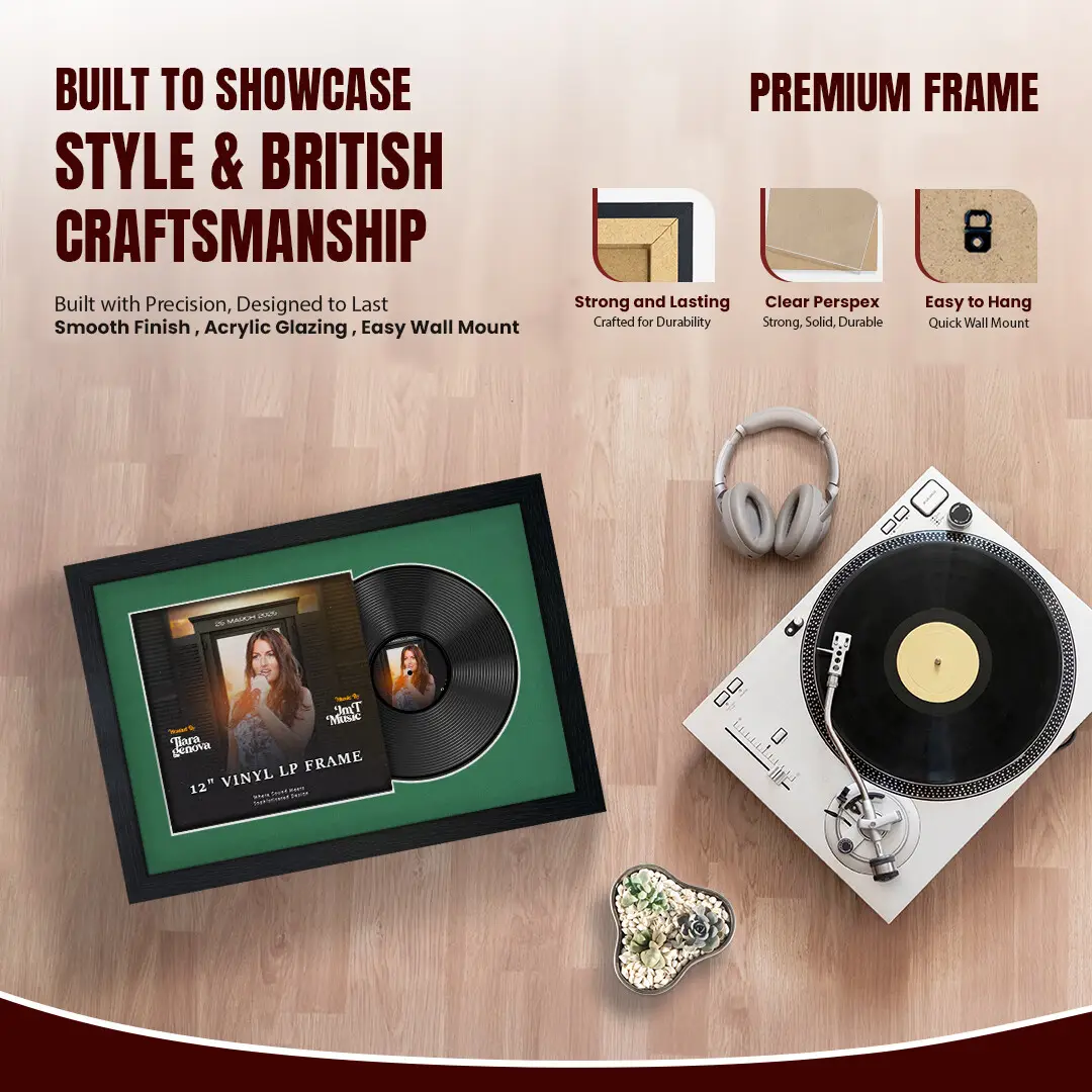 25x17" Modern Black Vinyl Record Frame For LP Cover & Disc With Emerald (Green) Mount | Overlapped Display thumbnail 2