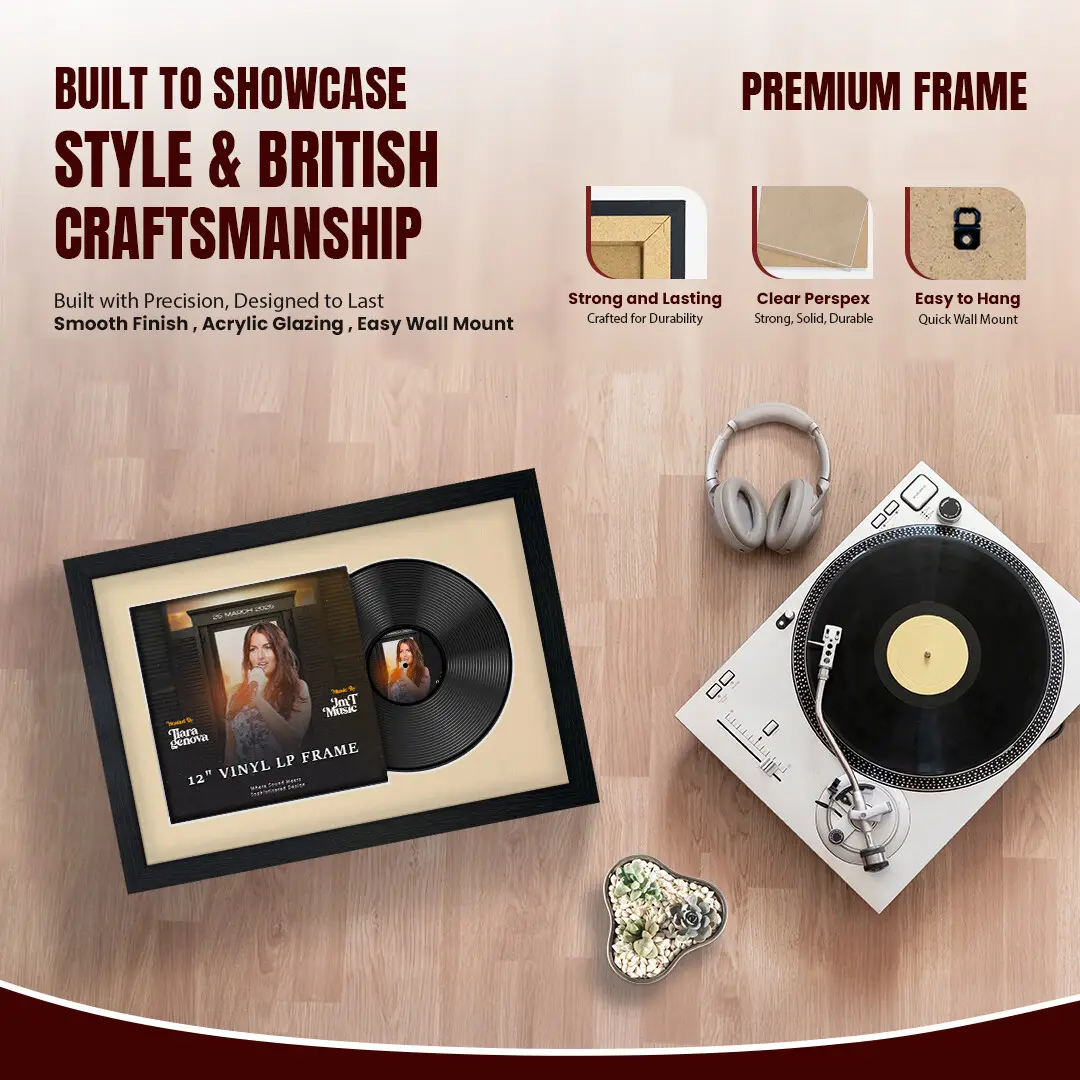 25x17" Modern Black Vinyl Record Frame For 12 Inch LP Cover & Disc With Ivory Mount | Overlapped Vinyl Display thumbnail 2