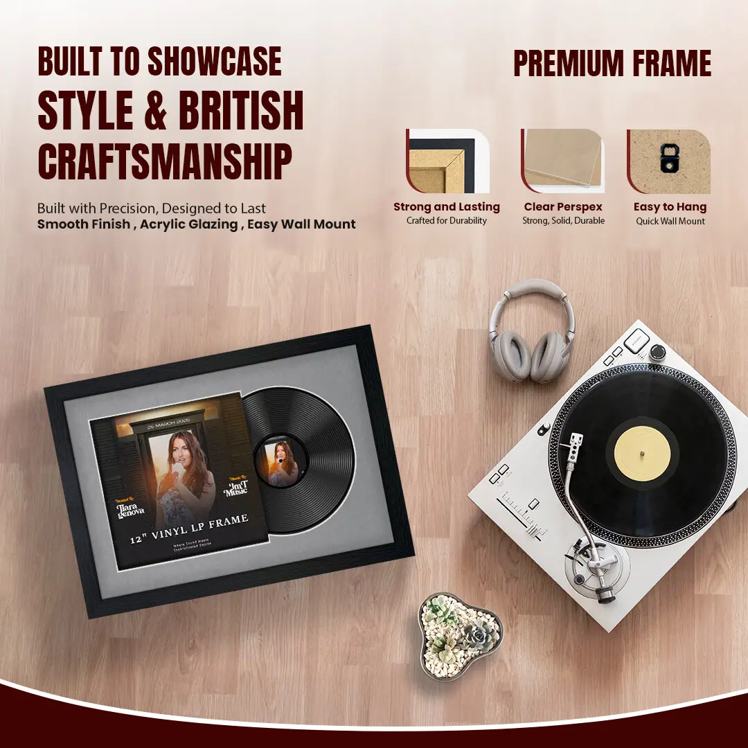 25x17" Modern Black Vinyl Record Frame For 12 Inch LP Cover & Disc (Overlapped) With Mid Grey Mount | Elegant Music Display thumbnail 2