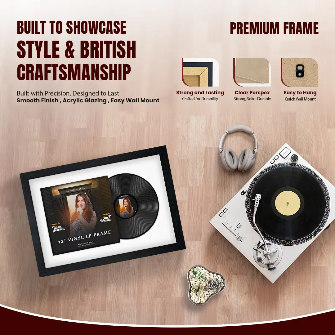 25x17" Modern Black Vinyl Record Frame For 12 Inch LP Cover & Disc (Overlapped) With Ice White Mount | Elegant Music Display thumbnail 2