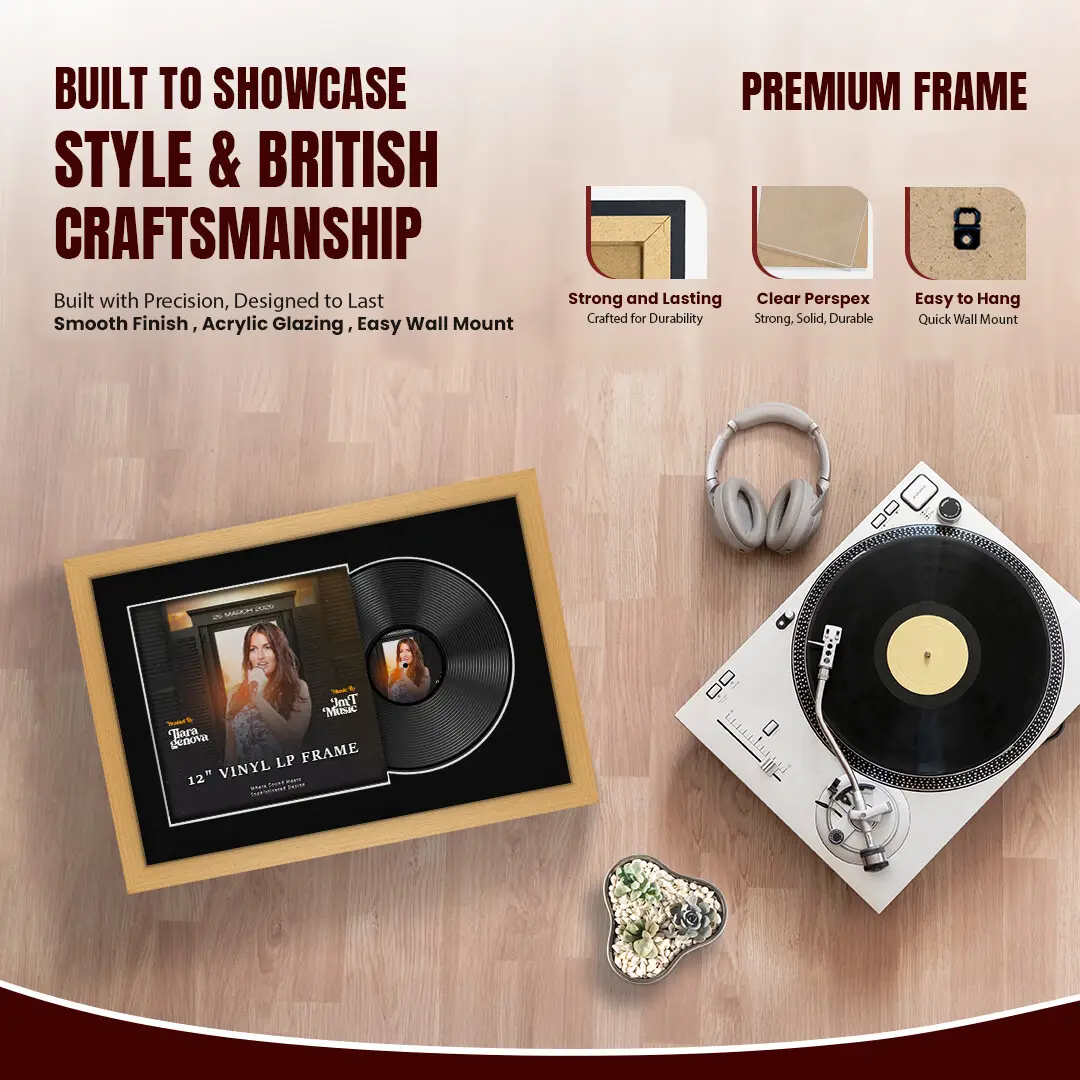 25x17" Modern Country Pine Vinyl Record Frame For 12 Inch LP Cover & Disc With Black Mount | Overlapped Vinyl Display thumbnail 2