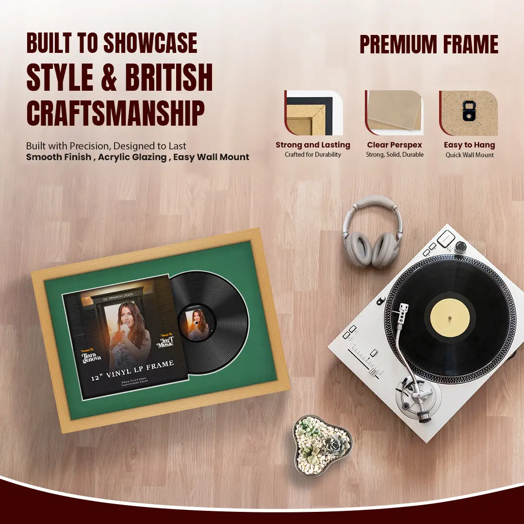 25x17" Modern Country Pine Vinyl Record Frame For 12 Inch LP Cover & Disc (Overlapped) With Emerald (Green) Mount | Elegant Music Display thumbnail 2