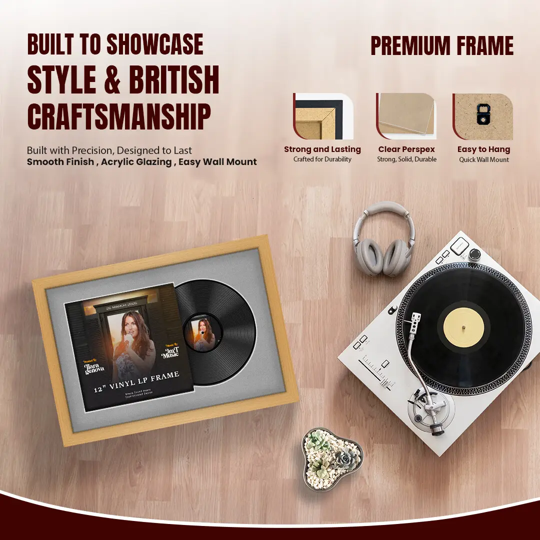 25x17" Modern Country Pine Vinyl Record Frame For 12 Inch LP Cover & Disc With Silver Mount | Overlapped Vinyl Display thumbnail 2