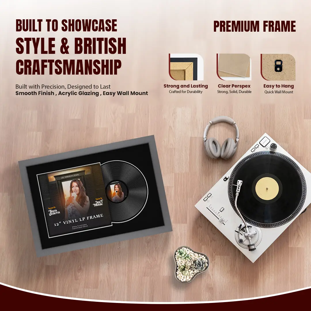 25x17" Modern Dark Grey Vinyl Record Frame For 12 Inch LP Cover & Disc With Black Mount | Overlapped Vinyl Display thumbnail 2