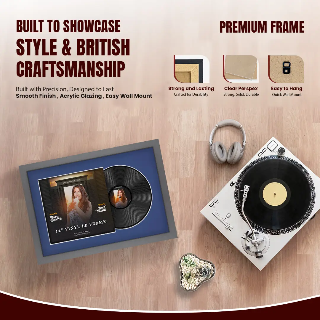 25x17" Modern Dark Grey Vinyl Record Frame For 12 Inch LP Cover & Disc With Blue Mount | Overlapped Vinyl Display thumbnail 2