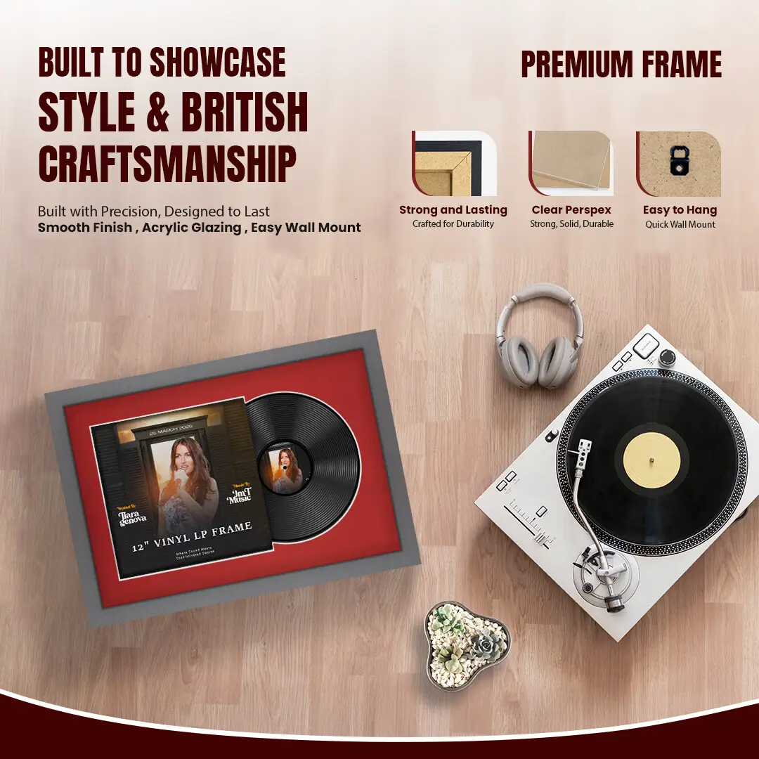 25x17" Modern Dark Grey Vinyl Record Frame For 12 Inch LP Cover & Disc (Overlapped) With Crimson Mount | Elegant Music Display thumbnail 2