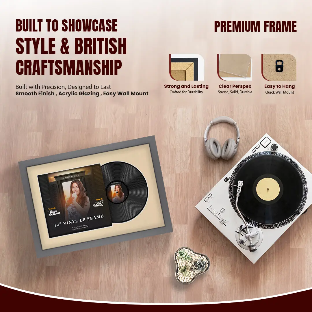 25x17" Modern Dark Grey Vinyl Record Frame For 12 Inch LP Cover & Disc (Overlapped) With Ivory Mount | Elegant Music Display thumbnail 2