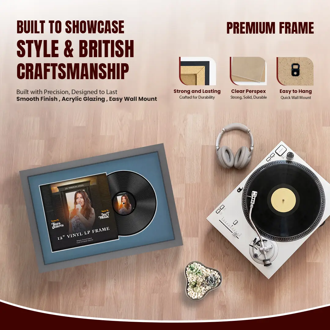 25x17" Modern Dark Grey Vinyl Record Frame For LP Cover & Disc With Pompador Mount | Overlapped Display thumbnail 2