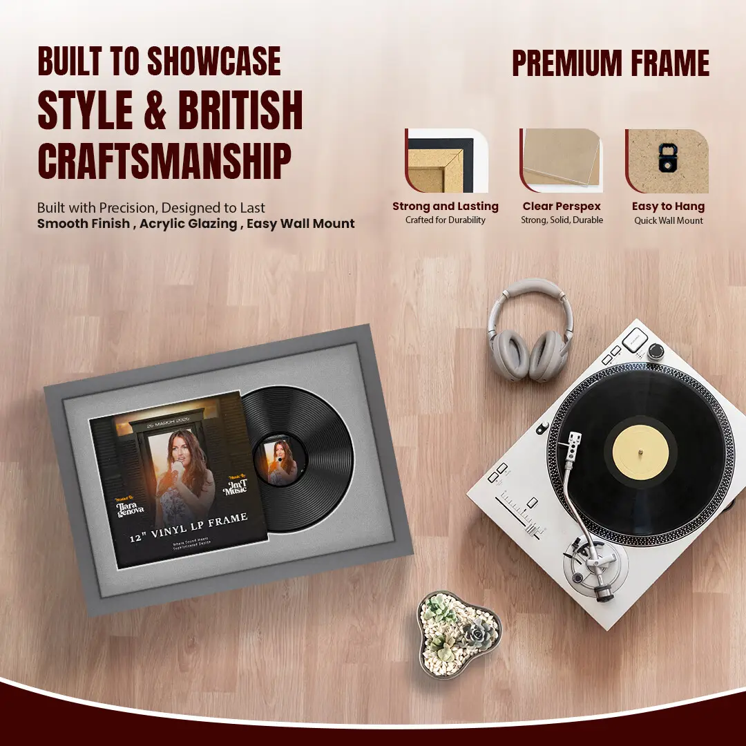 25x17" Modern Dark Grey Vinyl Record Frame For 12 Inch LP Cover & Disc With Silver Mount | Overlapped Vinyl Display thumbnail 2