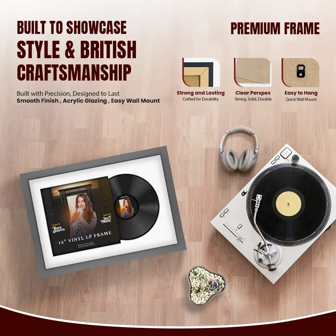 25x17" Modern Dark Grey Vinyl Record Frame For LP Cover & Disc With Ice White Mount | Overlapped Display thumbnail 2