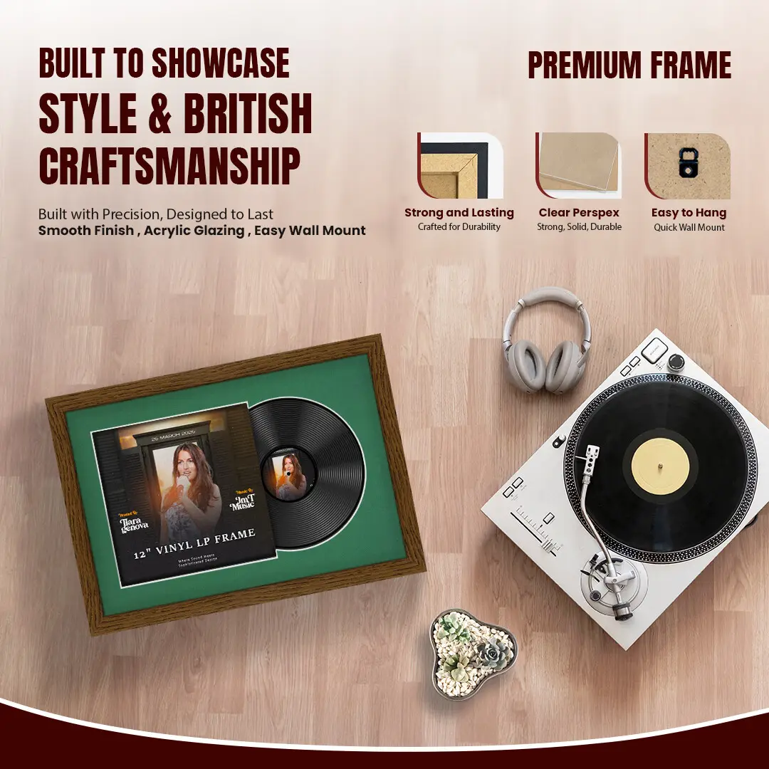 25x17" Modern Dark Oak Vinyl Record Frame For 12 Inch LP Cover & Disc With Emerald (Green) Mount | Overlapped Vinyl Display thumbnail 2