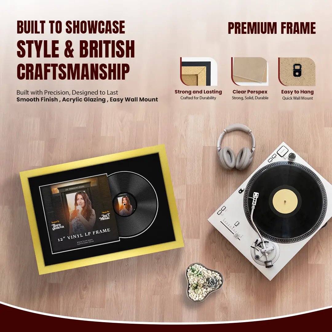 25x17" Modern Gold Vinyl Record Frame For 12 Inch LP Cover & Disc (Overlapped) With Black Mount | Elegant Music Display thumbnail 2