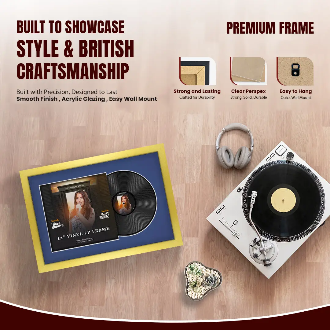 25x17" Modern Gold Vinyl Record Frame For 12 Inch LP Cover & Disc (Overlapped) With Blue Mount | Elegant Music Display thumbnail 2