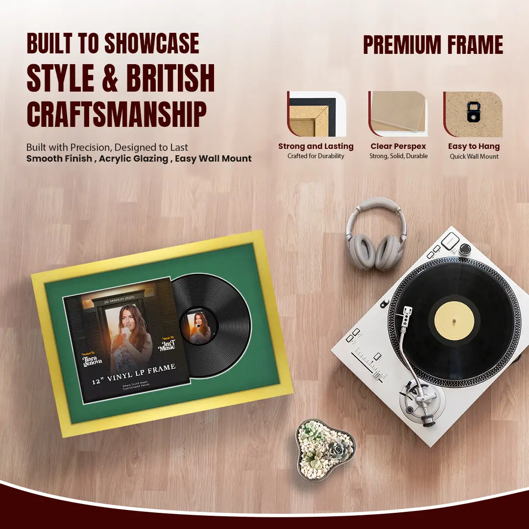 25x17" Modern Gold Vinyl Record Frame For 12 Inch LP Cover & Disc (Overlapped) With Emerald (Green) Mount | Elegant Music Display thumbnail 2