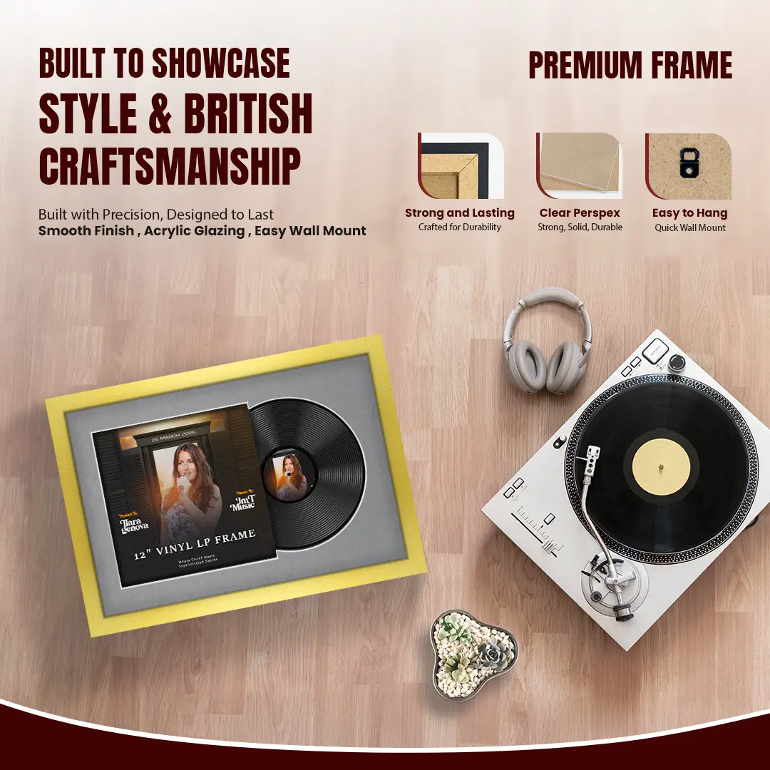 25x17" Modern Gold Vinyl Record Frame For 12 Inch LP Cover & Disc With Mid Grey Mount | Overlapped Vinyl Display thumbnail 2