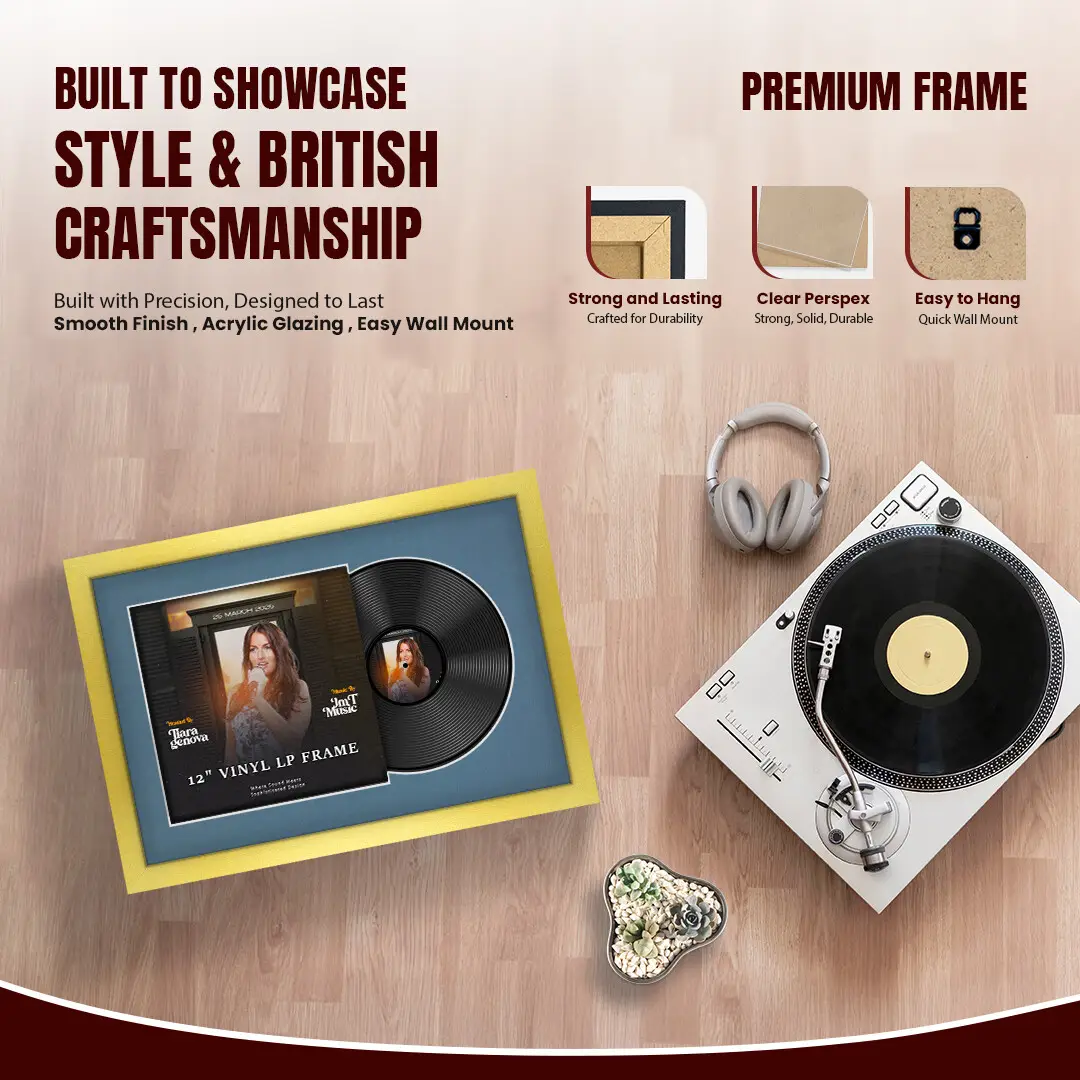 25x17" Modern Gold Vinyl Record Frame For LP Cover & Disc With Poppy Red Mount | Overlapped Display thumbnail 2
