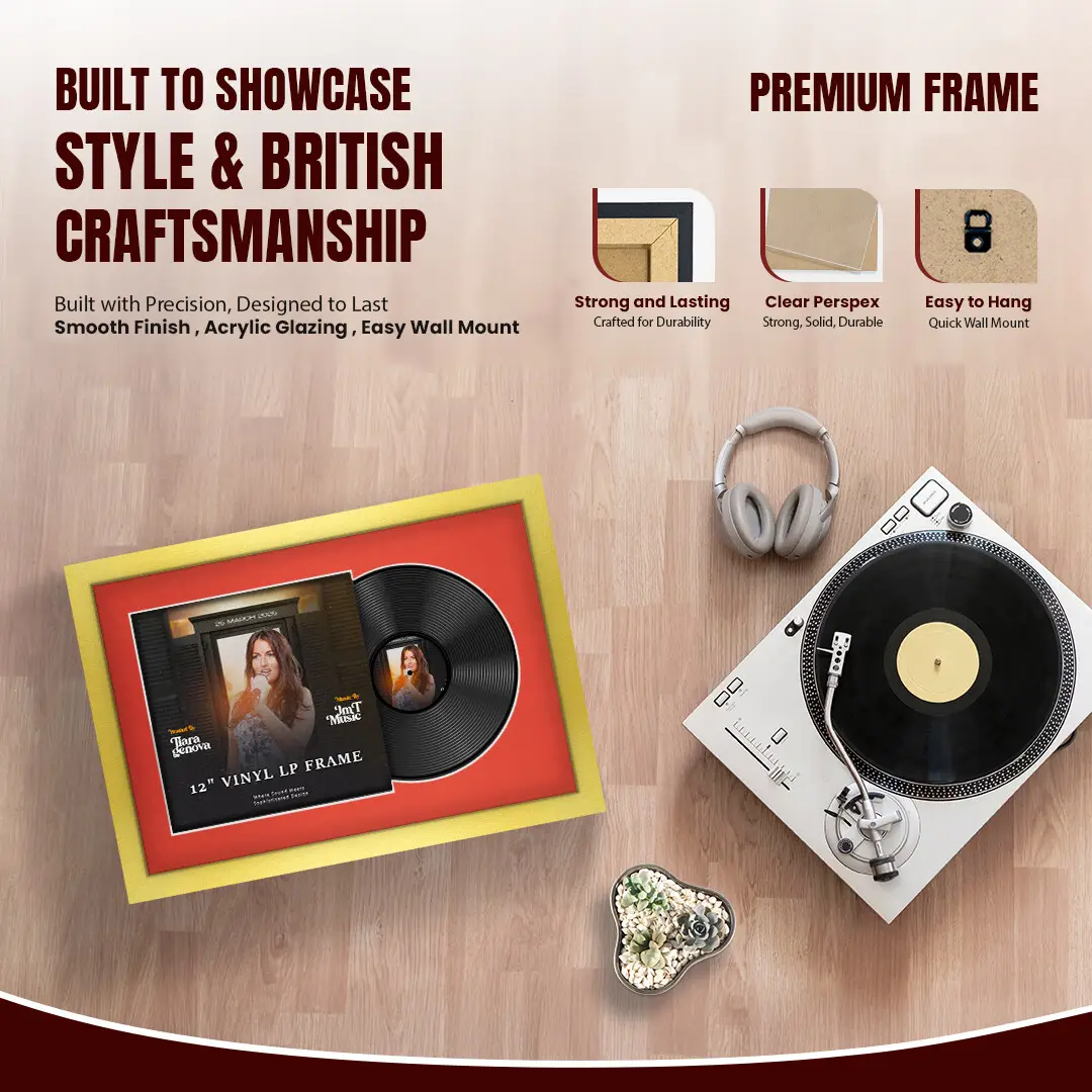 25x17" Modern Gold Vinyl Record Frame For 12 Inch LP Cover & Disc (Overlapped) With Poppy Red Mount | Elegant Music Display thumbnail 2