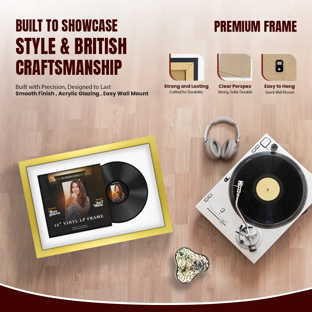 25x17" Modern Gold Vinyl Record Frame For 12 Inch LP Cover & Disc With Ice White Mount | Overlapped Vinyl Display thumbnail 2