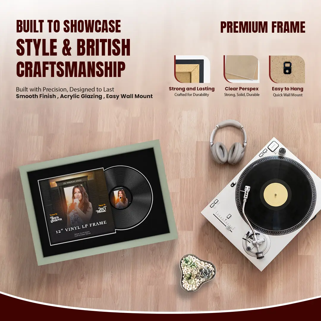 25x17" Modern Green Vinyl Record Frame For 12 Inch LP Cover & Disc With Black Mount | Overlapped Vinyl Display thumbnail 2