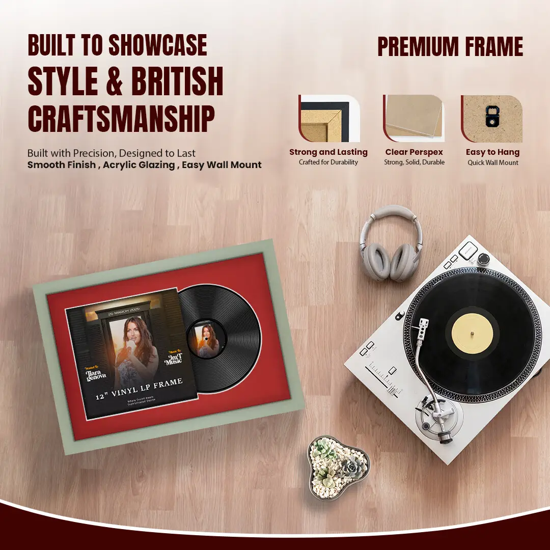 25x17" Modern Green Vinyl Record Frame For 12 Inch LP Cover & Disc With Crimson Mount | Overlapped Vinyl Display thumbnail 2