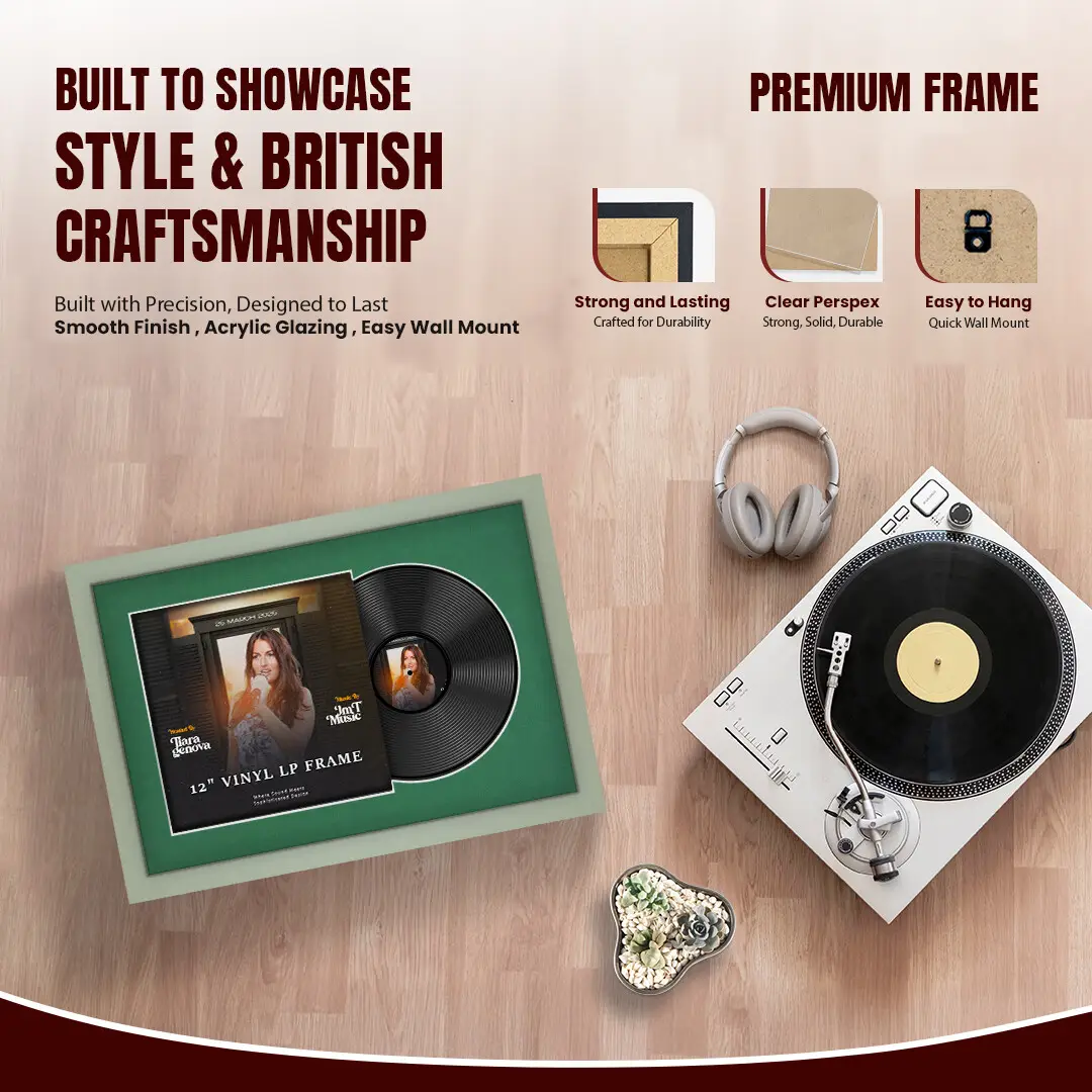 25x17" Modern Green Vinyl Record Frame For 12 Inch LP Cover & Disc (Overlapped) With Emerald (Green) Mount | Elegant Music Display thumbnail 2