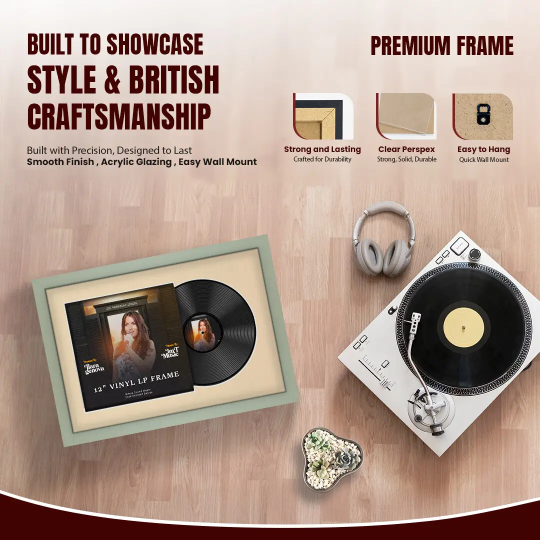 25x17" Modern Green Vinyl Record Frame For 12 Inch LP Cover & Disc (Overlapped) With Ivory Mount | Elegant Music Display thumbnail 2