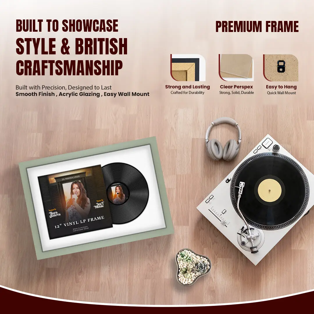 25x17" Modern Green Vinyl Record Frame For 12 Inch LP Cover & Disc (Overlapped) With Ice White Mount | Elegant Music Display thumbnail 2