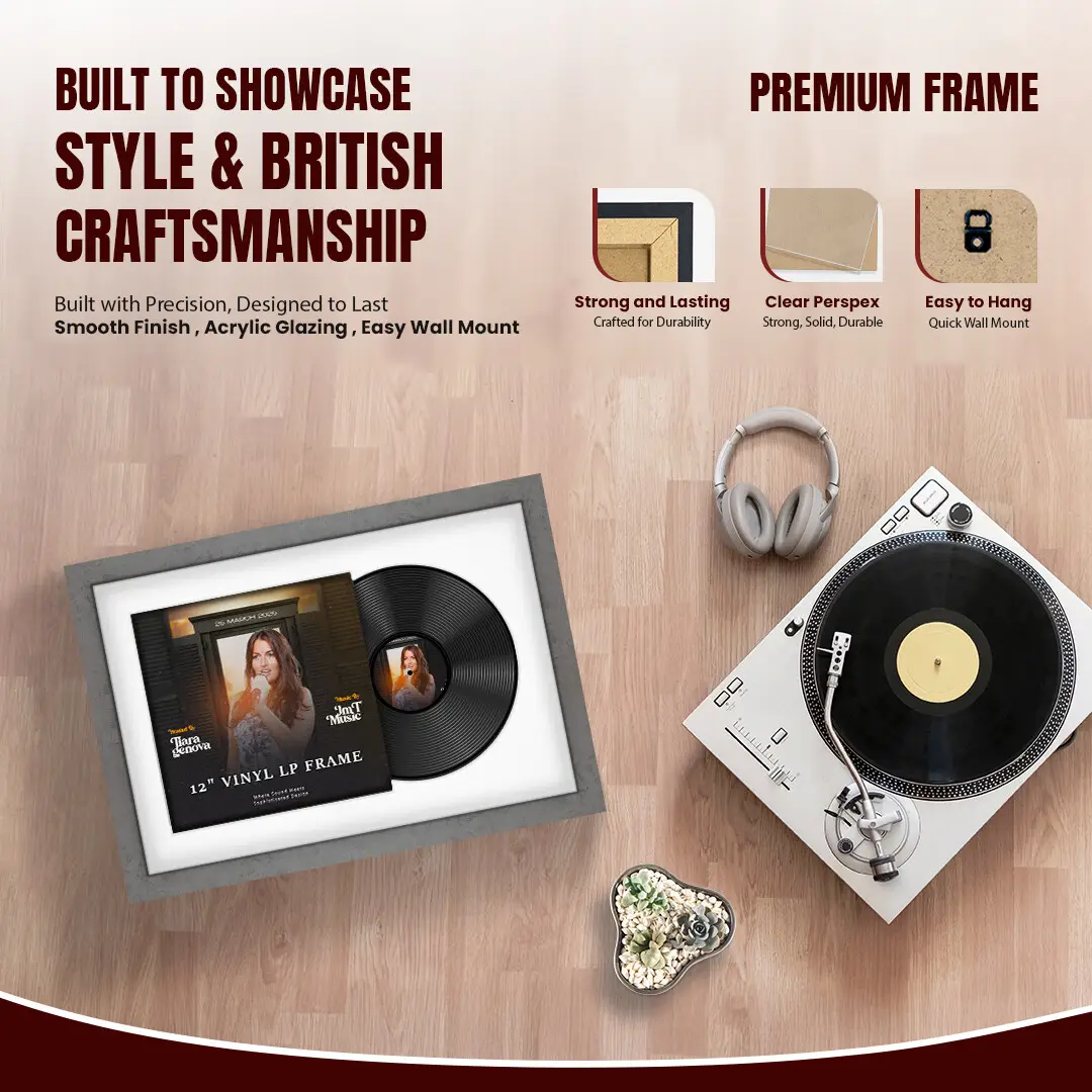 25x17" Modern Grey Marble Vinyl Record Frame For 12 Inch LP Cover & Disc With Black Mount | Overlapped Vinyl Display thumbnail 2