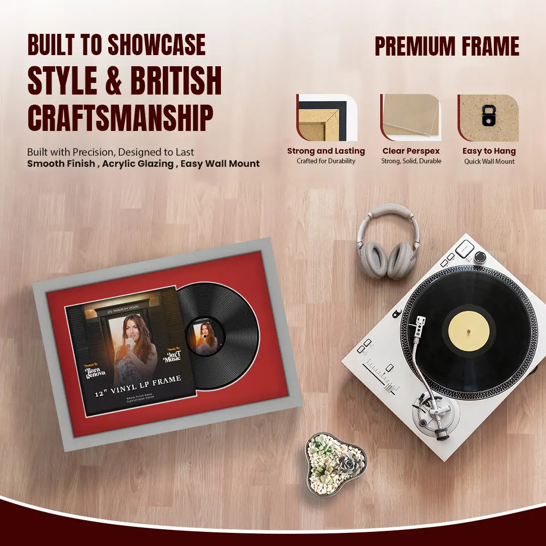 25x17" Modern Light Grey Vinyl Record Frame For LP Cover & Disc With Crimson Mount | Overlapped Display thumbnail 2