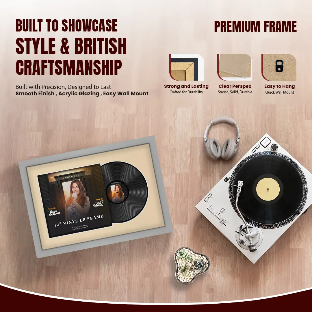 25x17" Modern Light Grey Vinyl Record Frame For LP Cover & Disc With Ivory Mount | Overlapped Display thumbnail 2