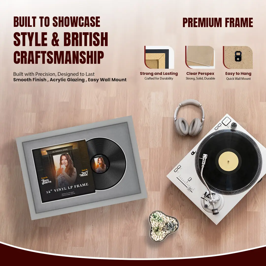 25x17" Modern Light Grey Vinyl Record Frame For LP Cover & Disc With Mid Grey Mount | Overlapped Display thumbnail 2